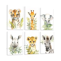 four pictures of different animals on white paper