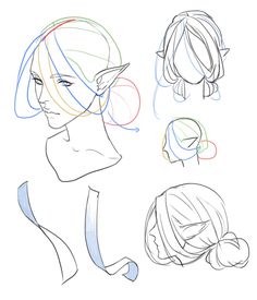 four different types of hair for the head and shoulders, all in various positions to be drawn