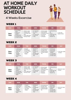 an exercise schedule with the words, at home daily workout schedule and 4 weeks exercise