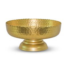 a large brass bowl on a pedestal with no base and gold color finish, isolated against a white background