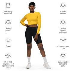 This long-sleeve crop top is made of recycled polyester and elastane, making it an eco-friendly choice for swimming, sports, or athleisure outfits. The crop top has a tear-away care label and a wide, double-layered waistline band for a comfortable fit. • Fabric composition in Europe: 88% recycled polyester, 12% elastane • Fabric weight in Europe: 6.78 oz/yd² (230 g/m²) • Fabric composition in Mexico: 81% REPREVE recycled polyester, 19% LYCRA® XTRA LIFE™ • Fabric weight in Mexico: 7.52 oz/yd² (25 Care Label, Athleisure Outfits, Rose Color, Neon Yellow, Yellow Roses, Long Sleeve Crop Top, Athleisure, Fabric Weights, Comfort Fit