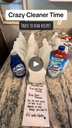 a counter top with cleaning products on it and a sign that says crazy cleaner time pause to read recipe