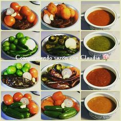 several pictures of different types of vegetables and sauces