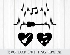 two hearts with music notes and guitar strings on them, svg dxf file