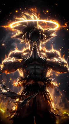 an anime character with fire around his body