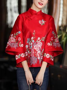 Cheongsam Shirt, Cheongsam Top, Tang Suit, Traditional Embroidery, Baby Tees Y2k, Retro Mode, Embroidery Floral, Casual Tops For Women, Loose Blouse