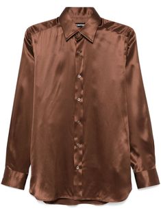 rust brown silk satin finish front button fastening classic collar long sleeves with buttoned cuffs curved hem Brown Silk, Statement Shirt, Balenciaga Triple S, Dress Watch, Custom Watch, Short Suit, Sweaters Knitwear, Espadrille Shoes, Silk Shirt