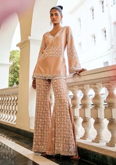 Mani Bhatia-Miel Rosegold Top And Palazzo Pants-INDIASPOPUP.COM Top And Palazzo Pants, Top With Sleeves, Personal Shopping Service, Traditional Outfit, Palazzo Set, Bell Bottom Pants, Palazzo Pants, Embroidered Top, Elevate Your Style