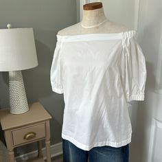 White Cotton Off The Shoulder Puffed Sleeved Blouse, Mrs. New With Tags, Smoke And Pet Free. It Is A Petite Medium. Classic Cotton Puff Sleeve Top For Summer, Classic Tops For Summer Brunch, Classic Summer Tops For Brunch, White Off The Shoulder, White Off Shoulder, Lauren White, Cotton Blouse, Ralph Lauren Tops, Cotton Blouses