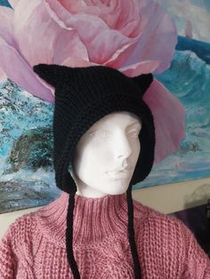 Crochet Cat Ear Hat, Cat Ear Hat, Crochet Bonnet, Hat With Ears, Black Wool Hat, Cat Ears Hat, Ear Hats, Crochet Cat, Knitting Ideas