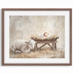 a painting of a baby in a manger next to a sheep with hay on the ground