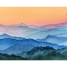 watercolor painting of mountains at sunset with orange and blue colors in the sky above