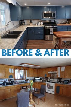 before and after pictures of a kitchen remodel with blue cabinets, stainless steel appliances and wood floors