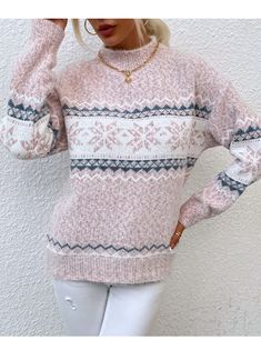 Christmas Sweater 2024 Autumn Winter Half Turtleneck Snowflake Snowflake Sweater, Pull Rose, Christmas Sweaters For Women, High Neck Sweater, Estilo Chic, Sleeves Clothing, Snowflake Pattern, Street Outfit, Pullover Shirt