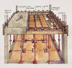 a drawing of a wooden structure with pipes and piping on the floor below it