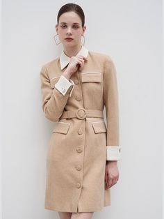 Composition : Shell: Wool 58 Poly 15 Acrylic 16 Nylon 9 Metal 2 Lining: Polyester 100Color : BeigeCountry of Origin : Republic of Korea Elegant Beige Belted Mini Dress, Tailored Beige Dress For Work, Beige Mini Dress For Winter Workwear, Beige Winter Mini Dress For Work, Belted Fitted Knee-length Outerwear, Fitted Knee-length Belted Outerwear, Fitted Beige Winter Dress, Fitted Belted Knee-length Outerwear, Beige Winter Workwear Dresses