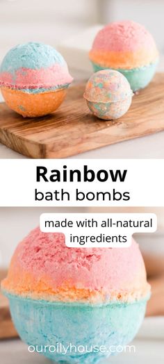 These rainbow bath bombs are super fun for the kids, are easy to make, and would make the perfect gift. Made with all-natural ingredients and colored with mica powder, these homemade bath bombs are nourishing for the skin. Our Oily House, Bath Bomb Recipe Easy, Kids Bubble Bath, Rainbow Bath Bomb, Diy Body Scrub Recipes, Recipe For Kids