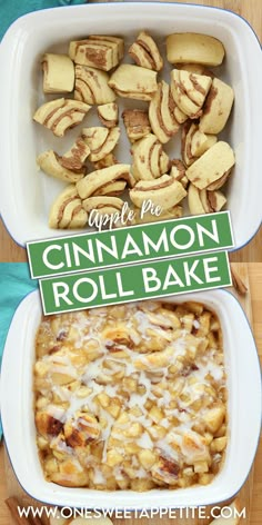 an apple pie cinnamon roll bake in a casserole dish