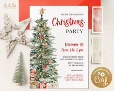 a christmas party flyer with a tree and presents on it, surrounded by other items