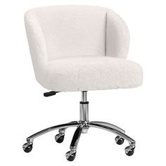 an office chair with wheels and a white sheepskin upholstered seat cover on it