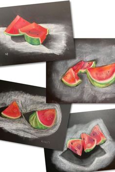 three pictures of slices of watermelon on black paper