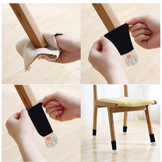 four pictures showing how to use a chair with socks on the back and footrests