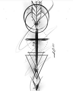 a black and white drawing of a cross with many circles on it's side