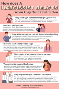 Narcissists are master manipulators, so don’t be fooled. Below are the common signs that show their reactions. Read the blog to learn more. Narcissistic Family, Mental Healing, Narcissism Relationships, Mental Health Facts, Narcissistic People, Myers Briggs Personality Types, Personal Growth Plan, Narcissistic Behavior, Personality Disorder