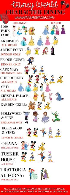 the disney world character dining poster is shown in red, white and black with an image of