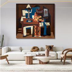 a living room filled with furniture and a painting on the wall above it's coffee table