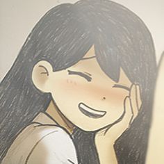 a drawing of a woman smiling and holding her hand up to her face while looking at the mirror