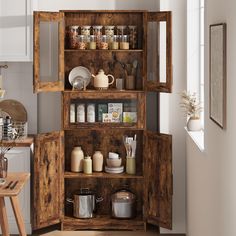 an open cabinet in the corner of a kitchen