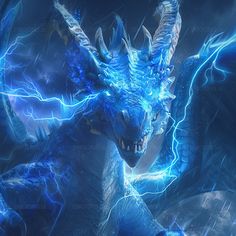 a blue dragon is in the middle of lightning