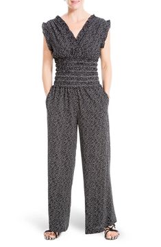 MAX STUDIO Wide Leg Crepe Jumpsuit | Nordstromrack Casual Ruffled Jumpsuits And Rompers For Work, Sleeveless Ruched Jumpsuits And Rompers For Spring, Spring Sleeveless Ruched Jumpsuits And Rompers, Black Sleeveless Jumpsuits With Smocked Back, Black Smocked Bodice Jumpsuits And Rompers For Spring, Elegant Jumpsuits And Rompers With Elastic Waistband For Spring, Black Smocked Bodice Jumpsuit For Spring, Elegant Ruched Jumpsuits And Rompers For Spring, Summer Workwear Jumpsuits And Rompers With Elastic Waistband