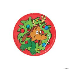 a red paper plate with a dog on it's face and christmas decorations around its neck