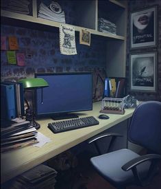 a desk with a computer monitor, keyboard and mouse next to a blue office chair