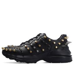 Gucci Low-top Sneakers With Abzorb Midsole, Gucci Low-top Sneakers For Streetwear, High-top Leather Sneakers With Spikes, Black Leather Sneakers With Studs, Custom Leather Sneakers With Spikes And Round Toe, Gucci Leather Sneakers With Abzorb Midsole, Gucci Low-top Custom Sneakers For Streetwear, Gucci Lace-up Sneakers For Streetwear, Black Leather Sneakers With Spikes