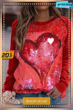 Women's Pullovers Casual Heart-shaped Color Block Long Sleeve Round Neck Pullovers Spring Sweater With Heart Print, Trendy Long Sleeve Top With Heart Print, Long Sleeve Tops With Heart Print For Spring, Winter Heart Print Tops, Red Tops With Heart Graphic For Fall, Spring Long Sleeve Tops With Heart Graphic, Red Long Sleeve Top With Heart Graphic, Fall Long Sleeve Top With Heart Graphic, Casual Heart Print Winter Tops