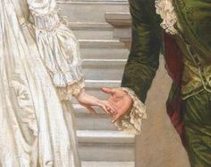 a painting of a man and woman holding hands in front of some steps with stairs behind them