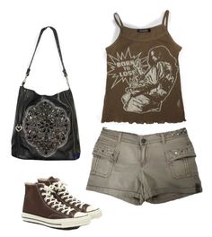 Png Converse, Tan Shorts Outfit, Brown Converse, Grunge Summer, Brown Tank Top, Tan Shorts, Outfit Png, Outfit Layout, Brown Outfit