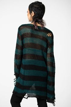 SEA PUNK. - Luxe Soft Knit.- Contrast Stripe.- Long-Length Shape.- Distressed Detailing + Back.- Relaxed Fit. The model is 5’3 (160cm) and wears a size XS. Wash Cold - Gentle Cycle. with KILLSTAR Branding, 100% Acrylic. Edgy Oversized Sweater For Layering, Edgy Open Knit Tops For Fall, Long Sleeve Open Knit Sweater For Festival, Sea Punk, Statement Choker, Low Neckline, 90s Grunge, St Kitts And Nevis, Sea Green