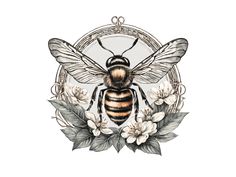 a drawing of a bee with flowers and leaves on it's back, in front of