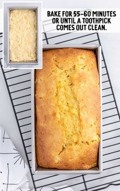 a loaf of bread sitting on top of a cooling rack next to a pan filled with batter