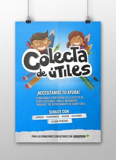 a poster with the words colecta de stils written in spanish and two children's faces