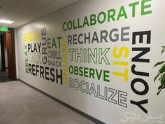 Large word wall for business entry way to greet visitors with a positive and relaxing atmosphere. Customized colors and many sizes to fit any business wall display size and decor or logo colors. Wellbeing Office Design, Conference Room Wall Design Ideas, Small Office Entrance Lobby, Teacher Lounge Wall Decor, Admissions Office Decor, Welcome Center Ideas, Staff Room Decoration Ideas, Teachers Lounge Ideas, Staff Break Room Ideas