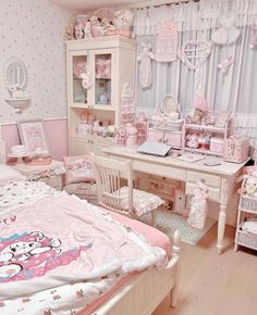 a bedroom with hello kitty furniture and accessories