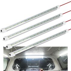 four white led lights in the back of a van with red wires and two pictures of them