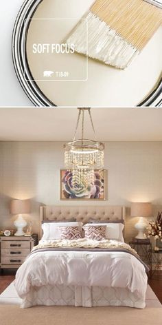 two pictures show the same bed and nightstands in different rooms, one with a chandelier