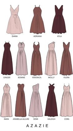 the different types of dresses for women in various colors and sizes, with names on them