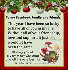 a christmas card with santa claus and his elves on the front, saying to friends that they